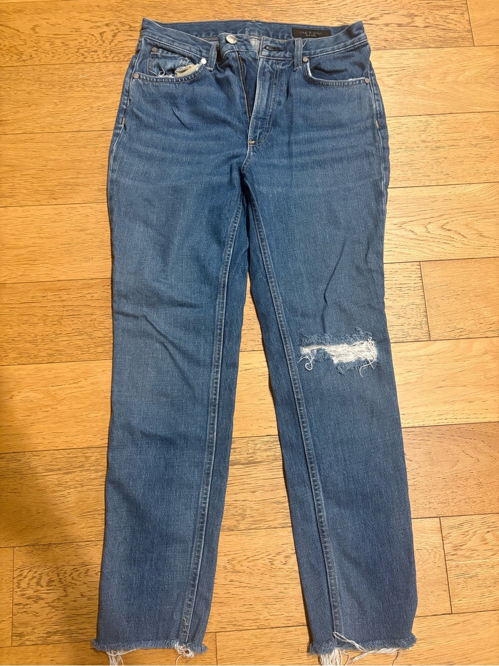 Rag & Bone Blue Straight-Leg Jeans with Distressed Knee